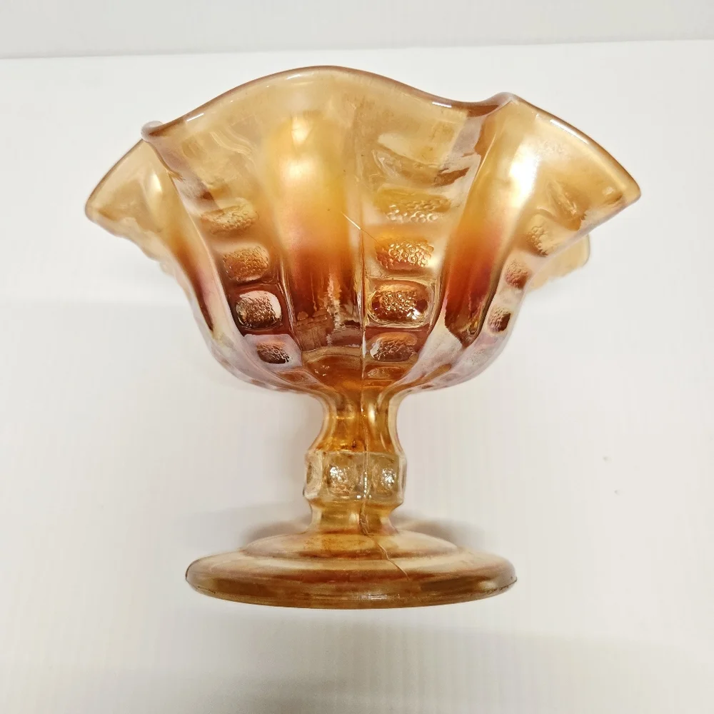 Marigold Carnival Glass Pedestal Ruffled Edge Compote Candy Dish Vintage
